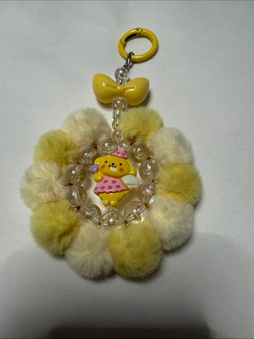 Yellow Plush Pom-Pom Keychain with Cute Character Charm
